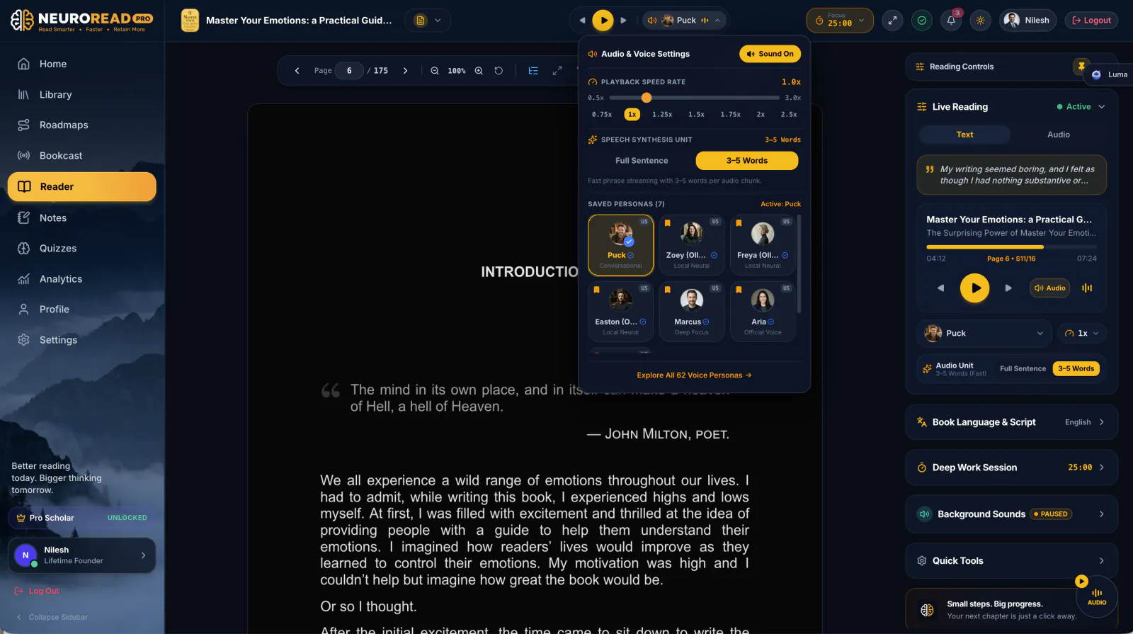 Bimodal Book Reading with Synchronized Audio - Dark Theme